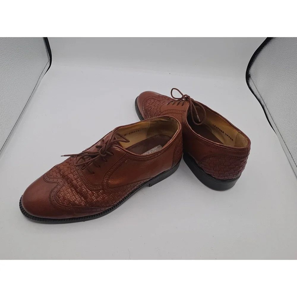Stanley Blacker Mens 8 W Woven Leather Wingtip Oxford Shoes Tan Brown Italy